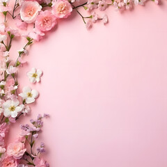 Pastel pink background with  copy  paste space. Spring flowers on the edges of the paper