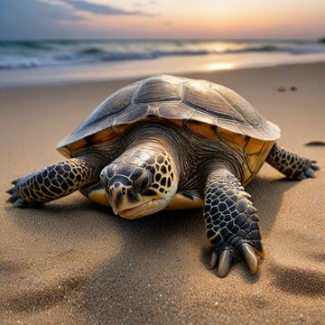 6. A picture of a floating sea turtle on the sand. 