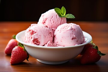 Yummy strawberry Ice cream. A delicacy for gourmets. Image for the Menu, Banner