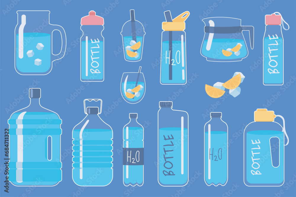 Poster water bottles mega set in flat design. bundle elements of jars, coolers, cups and mugs with lemon an