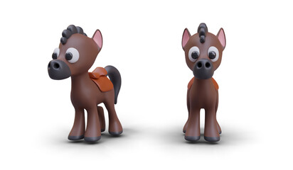 Model of brown animal in different positions. Cute horse on white background. Cartoon character with shadow. Vector illustration in 3D style with place for text