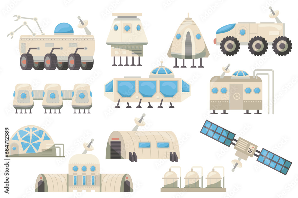 Aufkleber mars colonization mega set in flat design. bundle elements of machinery, rovers, satellites and robo