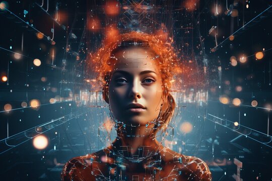 A female face with matrix digital numbers, dots, links, a hologram. The concept of artificial intelligence AI with a human face.