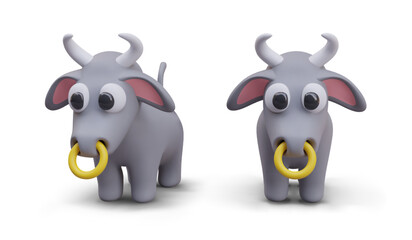 Horned bull with nose ring and big ears. 3D vector model, view from different sides. Domesticated herbivore. Volumetric image with shadows, template for web design