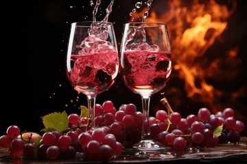 two wine glasses with deep red wine splashes on black background 
