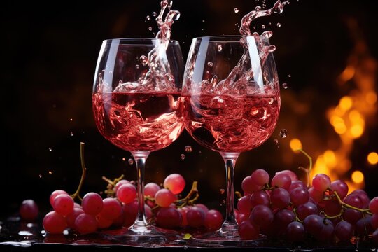 two wine glasses with red wine splashes on black  background 