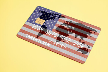 Bank Credit Card with world map and USA flag