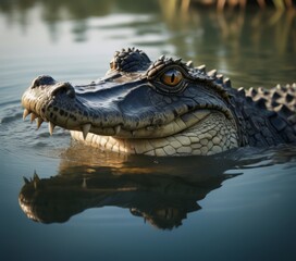 Close-up of a crocodile's head, its textured skin and eyes detailed, reflected in calm waters.