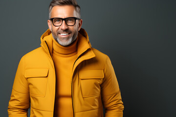 Fototapeta premium Happy young and smiling man with copy space. Well dressed against solid background.