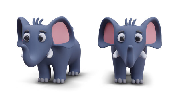 Vector 3D elephant standing with raised trunk. Wild animal, view from different sides. Character in cartoon style. Illustration for children books, interactive games, websites, applications