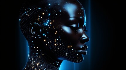 Female black face with matrix digital numbers, dots, links, hologram. concept of artificial intelligence AI with a human face