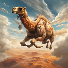 camel flying in the clouds. Generative AI.