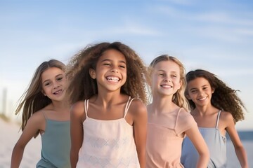 Fototapeta premium group of kids walking on the beach happily