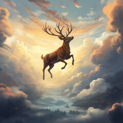 deer flying in the clouds. Generative AI.
