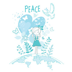 International Day of Peace. Bird, globe, flowers, heart continuous drawing. Concept of love, peace and kindness. Text. Vector