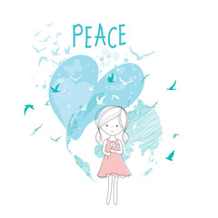 International Day of Peace. Bird, globe, flowers, heart continuous drawing. Concept of love, peace and kindness. Text. Vector