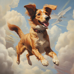 dog flying in the clouds. Generative AI.