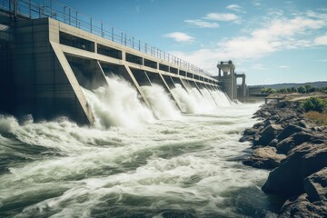 Hydroelectric dam generating sustainable energy in river. Renewable power sources.