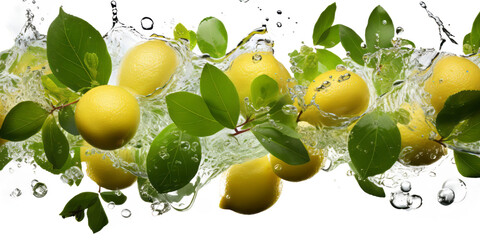 Lemons and leaves, agrumes and water drops floating in the air isolated on transparent background