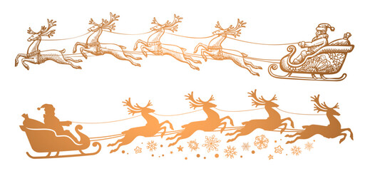 Santa Claus in a sleigh full of gifts with flying reindeer. Decoration Merry Christmas and Happy New Year. Vector illustration