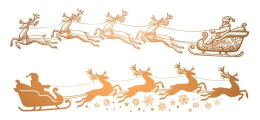 Fotobehang Santa Claus in a sleigh full of gifts with flying reindeer. Decoration Merry Christmas and Happy New Year. Vector illustration © ~ Bitter ~