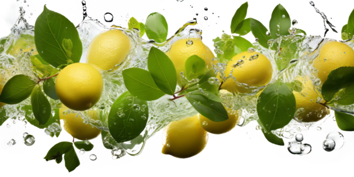 Lemons and leaves, agrumes and water drops floating in the air isolated on transparent background