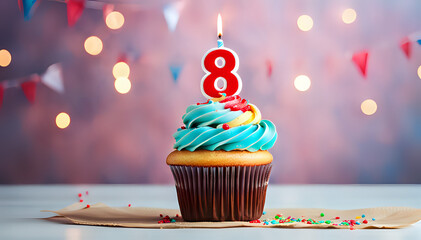 Birthday cupcake with lit birthday candle Number eight for eight years or eighth anniversary - obrazy, fototapety, plakaty