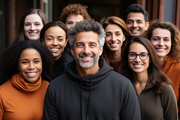 Fototapeta premium A multiracial group of students with their teacher, symbolizing educational diversity. Diverse Academic Unity: Teacher with Students