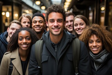 A diverse group of individuals standing closely together in a social gathering.