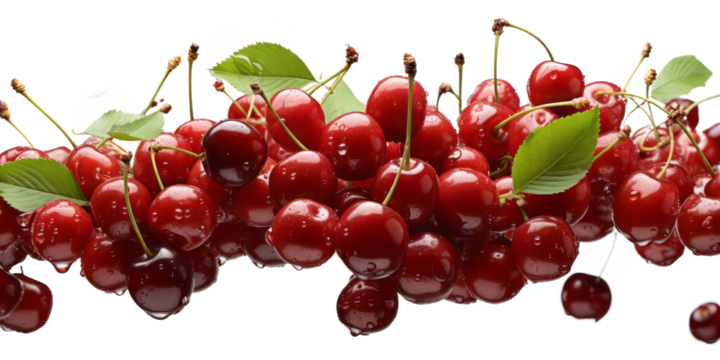 Cherries and leaves, cherry fruits floating in the air isolated on transparent background