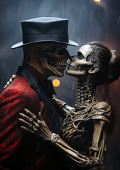 Naklejka premium the last dance is long over, skeleton couples hug, love is infinite, generative AI