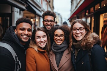  Diverse group of friends smiling outdoors.  Multinational group of individuals united. - obrazy, fototapety, plakaty