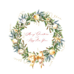 Watercolor wreath of fir branches, christmas gold and white balls and star with text Merry Christmas - 684714729