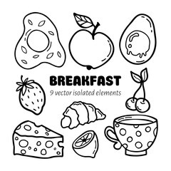 Vector hand drawn set breakfast icons. In doodle style, isolated clipart on a white background. Apple, strawberry, fried egg, cheese, cherry, lemon, croissant, polka dot mug, half a boiled egg.