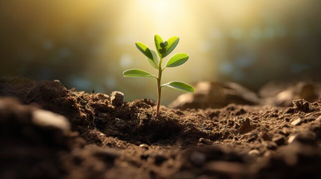 The seedling are growing from the rich soil to the morning sunlight that is shining, ecology concept. AI generated image