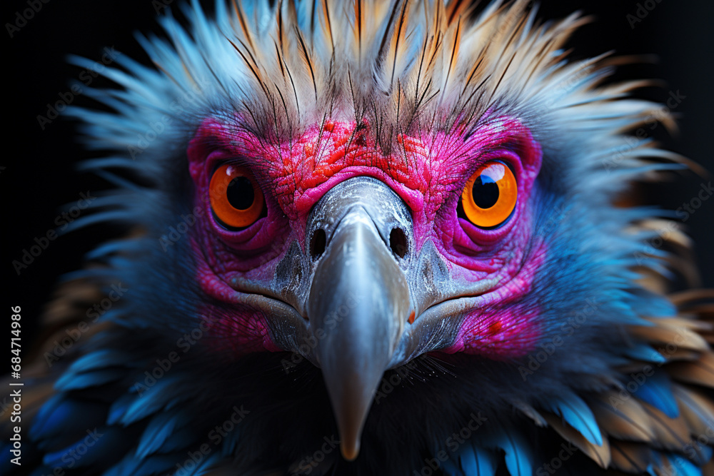 Poster a vulture depicted with vibrant abstract patterns, symbolizing the keen vision and adaptability of t