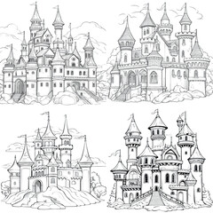 Fototapeta premium coloring pages Grand castles with turret and towers, white and black Illustration