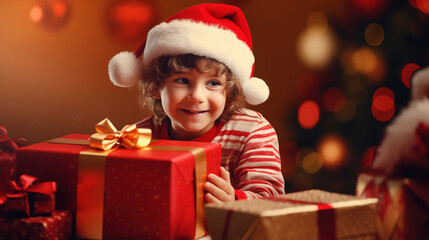 Fototapeta na wymiar Merry Christmas, Happy boy opens a gift, Kid sitting front of Xmas Tree, generative ai