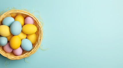 Horizontal banner Festive Easter, Spring Festival. Easter eggs in a basket. View from above. Blue background.