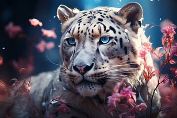 A snow leopard portrayed with spectral grace, combining abstract patterns and ethereal hues inspired by its high-altitude habitat.