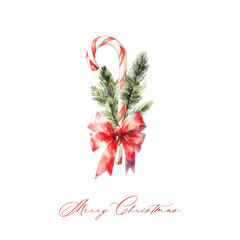 Fir green branch, lollipop cane, red bow satin ribbon with text Merry Christmas. - 684714992
