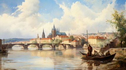 Landscape with Vltava river Charles Bridge - obrazy, fototapety, plakaty