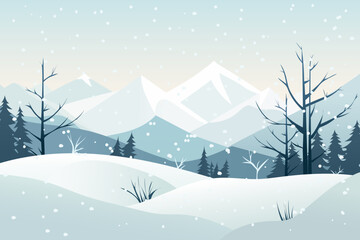 Simple winter landscape of mountains in snowy weather. Beautiful mountains, pine trees and trees without leaves in a cartoon style. Flat vector illustration for Christmas or New Year design.