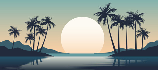 Evening on the beach with a beautiful landscape of palm trees at sunset. Evening on the beach with palm trees. Simple flat design with palm tree silhouettes and reflections. Summer sunset. 