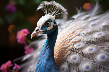 A striking photograph capturing the ethereal beauty of an albino peacock, its delicate white plumage displaying a unique splendor.