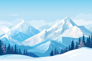 Fotobehang Amazing winter mountain landscape. Beautiful view of the mountains against the backdrop of the forest and ski slope. Vector illustration for Christmas, New Year or sports design. © LoveSan