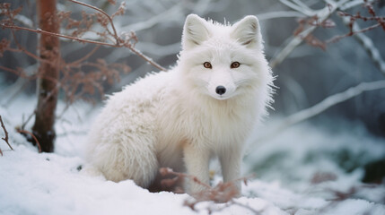 Obraz premium An enchanting image of an albino fox, its fur resembling freshly fallen snow as it stands as an emissary of the winter landscape.
