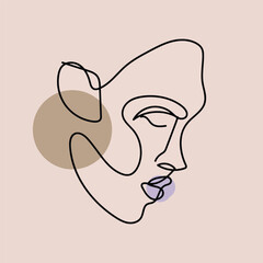 Continuous one simple single abstract line drawing of woman face Linear stylized