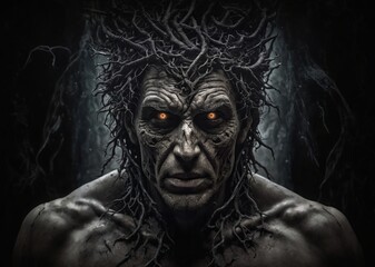 A terrifying man with burning eyes and scars, branches for hair, in a dark and eerie atmosphere.