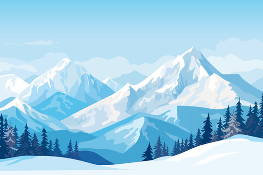 Amazing winter mountain landscape. Beautiful view of the mountains against the backdrop of the forest and ski slope. Vector illustration for Christmas, New Year or sports design.